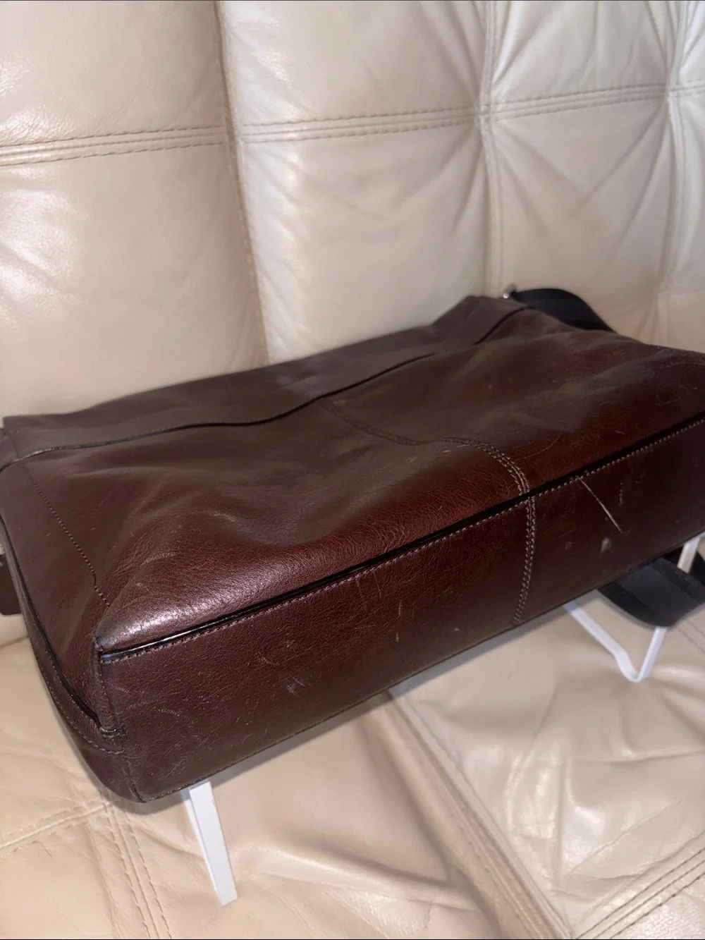 Coach Men's Brown Leather Messenger Bag with Stripe Strap